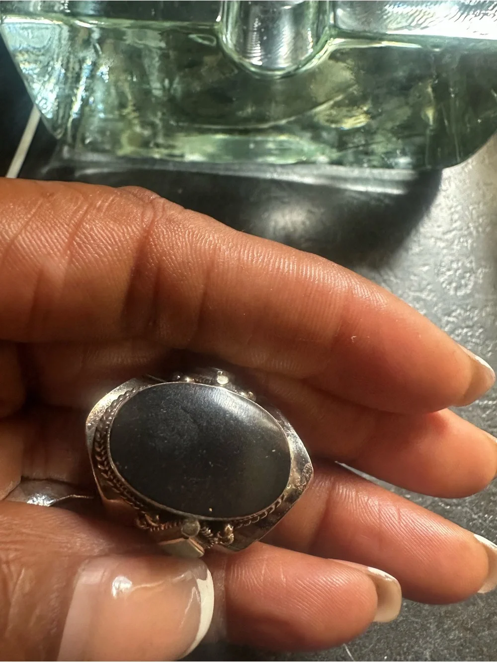 Tibet customBold Silver Statement Ring Black Onyx  Turquoise Accent adj. UNISEX